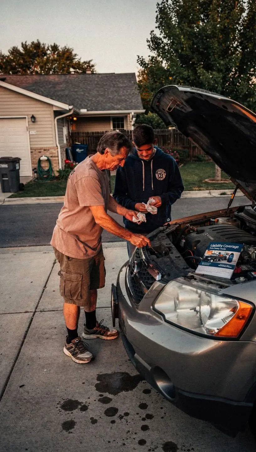 Дорожная помощь с механиком, работающим над автомобилем.